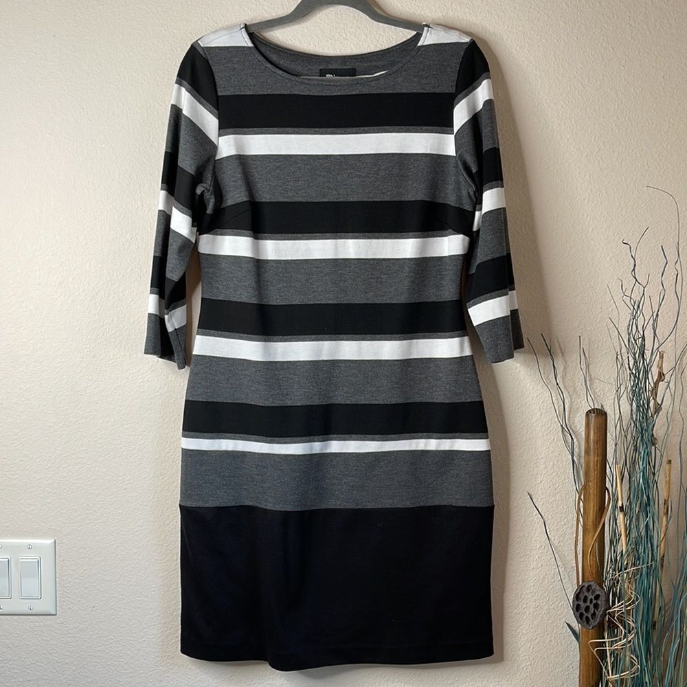 RN Studio Striped Sheath Dress Black Gray 3/4 Sleeve Stretch Size 12